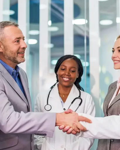 Happy business people and doctors came to an agreement.